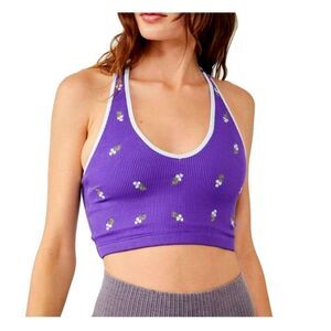 FP Movement Free People Daisy Embroidered Ribbed Crop Top Sports Bra Sz M Purple
